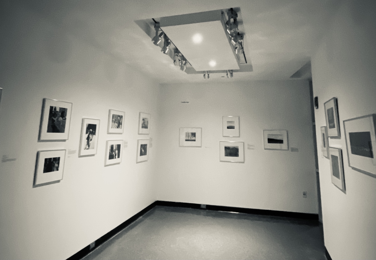 installtion view of gallery showing multiple black and white framed photographs