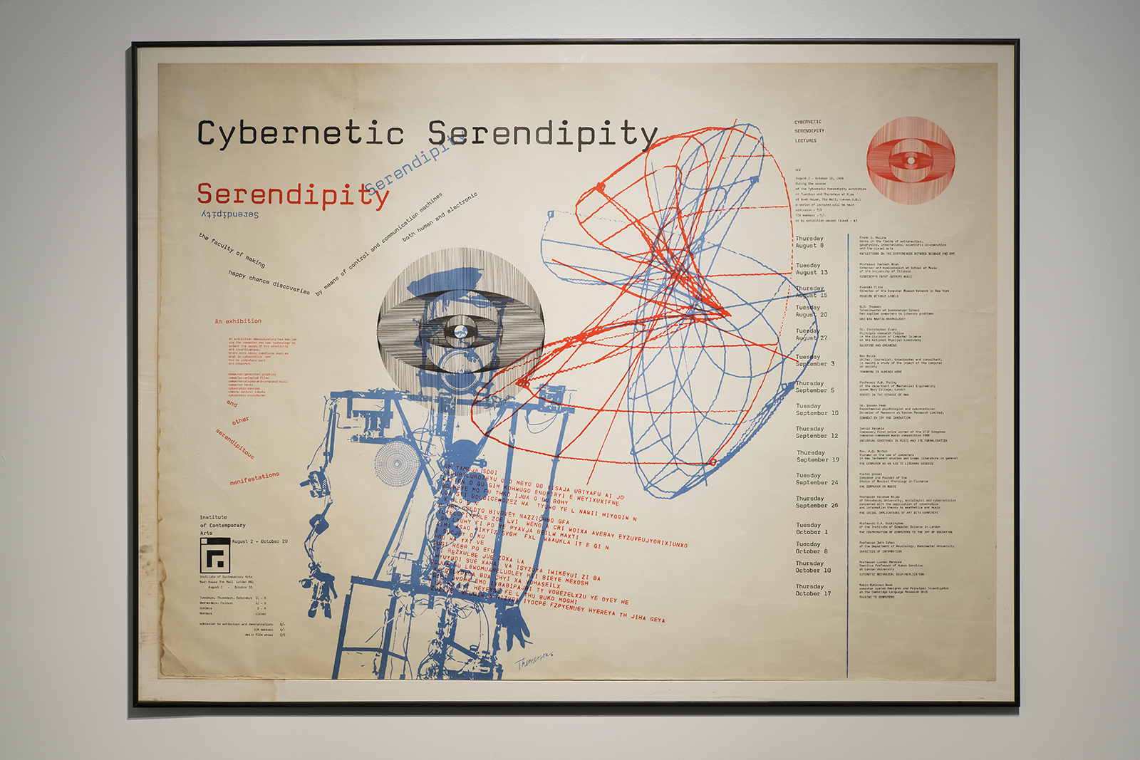 red and blue scribble graphic with words cybernetic serendipity