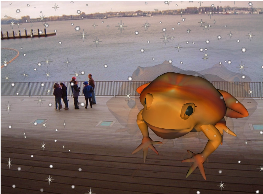 Virtual frog on dock wiht people on the background