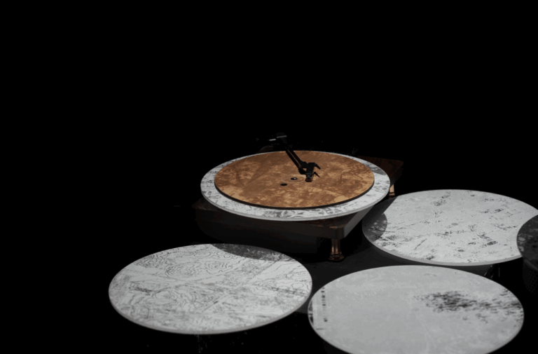 Laser-etched vinyl disc on a turntable, showcasing processed cartographic engravings of Hong Kong’s Northern Metropolis.