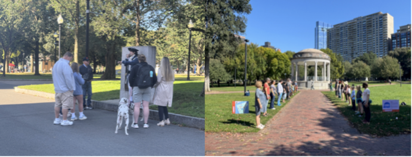 Two images of Boston Common beside each other. To the left, a traditional walking tour, to the right, two lines of people across a path from each other by the Parkman Bandstand.