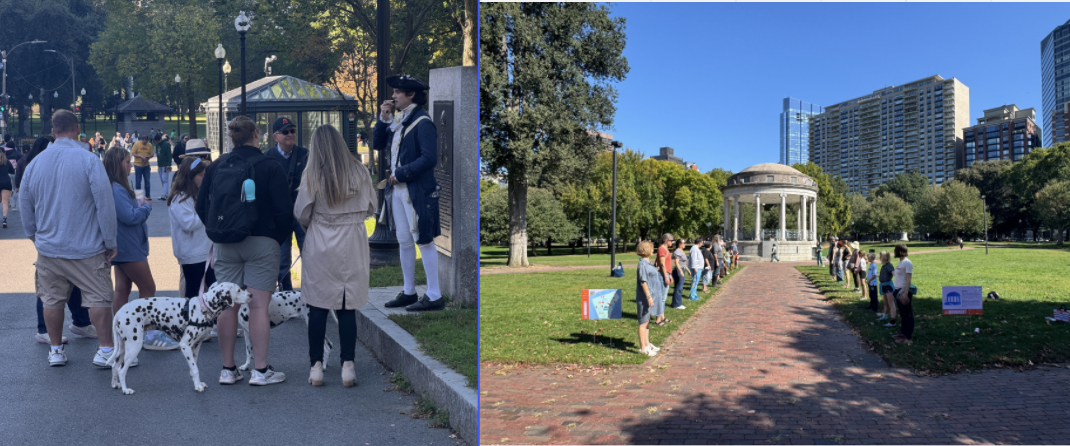 People gathering in Boston Common, two groups standing together, one in a cluster, the other in two rows. 