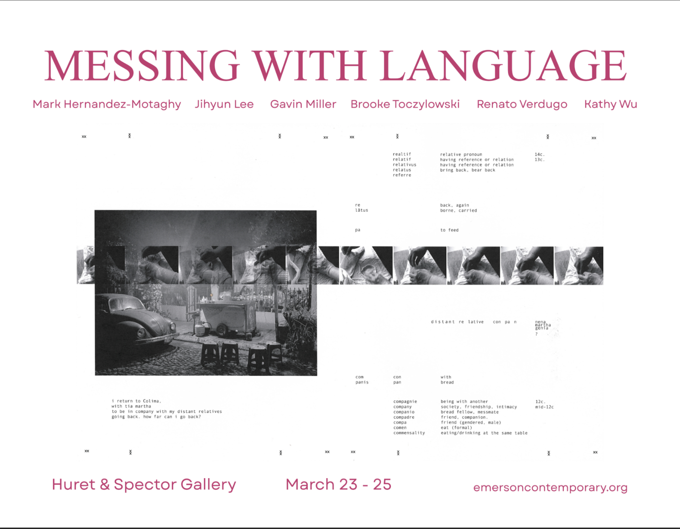 text-heavy image in neon pink and black minimalist fonts on a white background wit one graphic black-and-white photograph